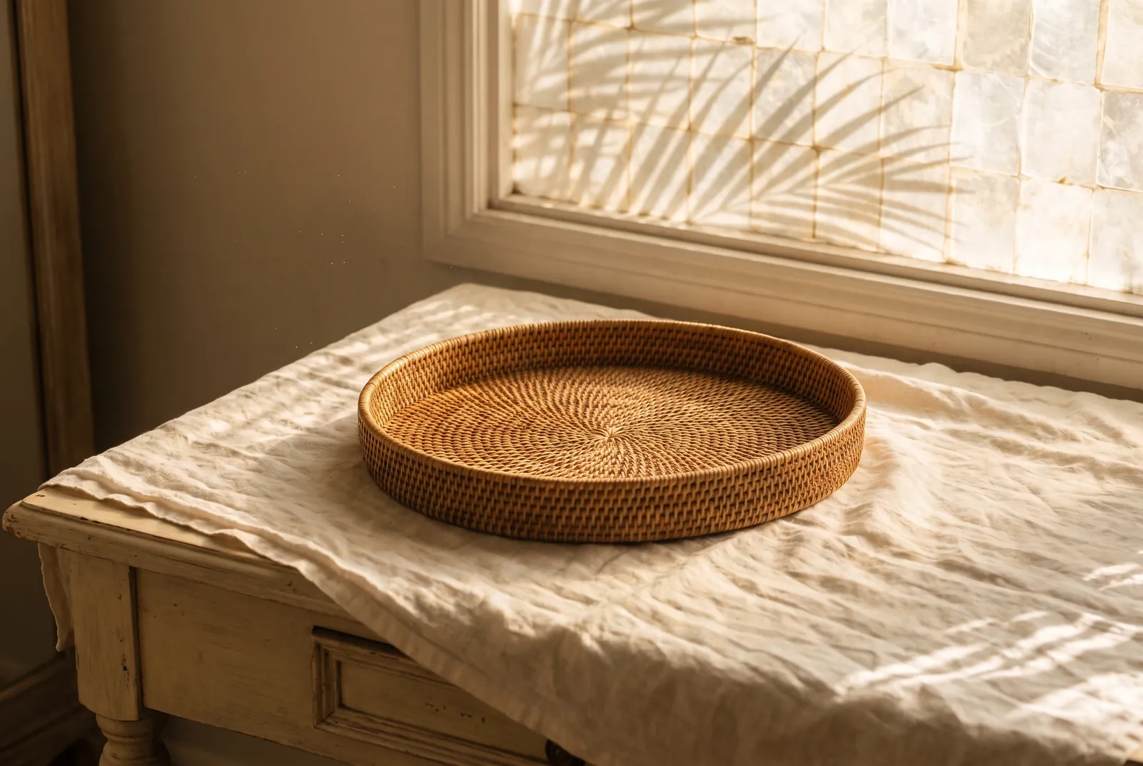 Afternoon sun through a capiz window onto a woven rattan tray