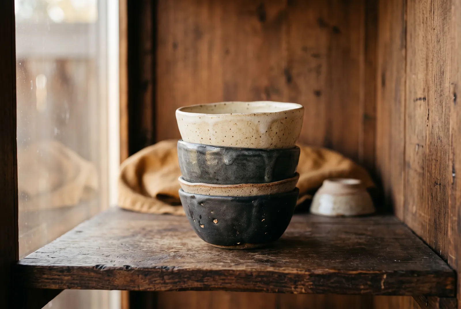Stack of handmade earthenware bowls on a wooden shelf