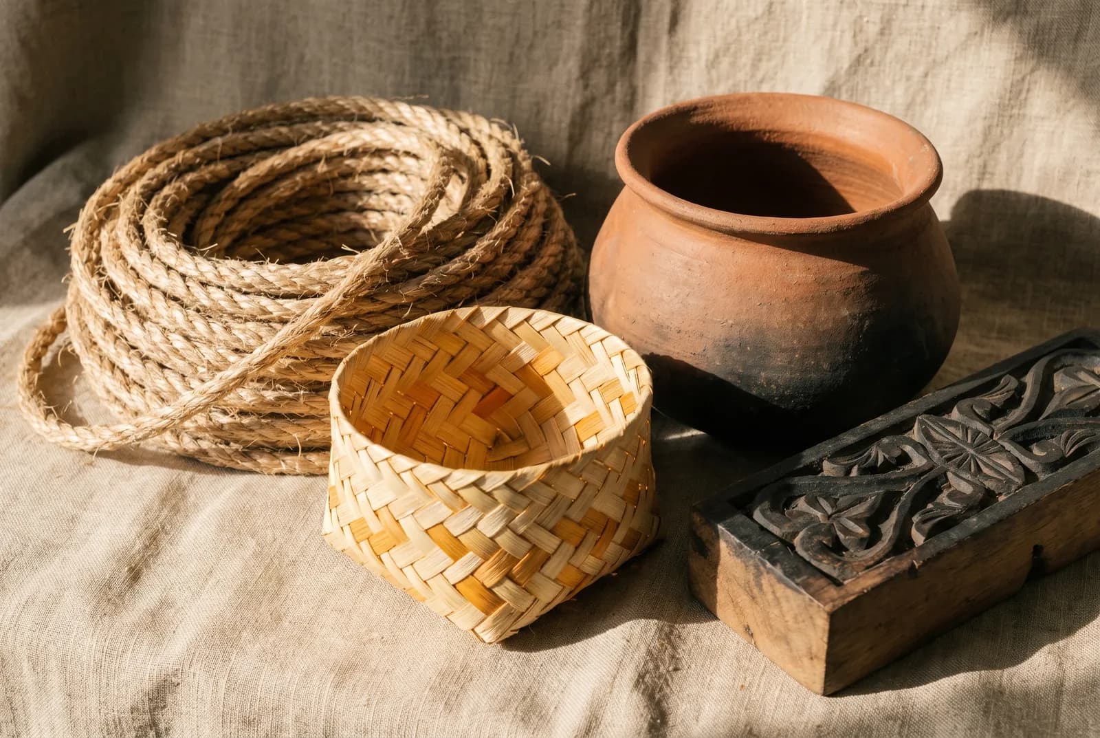 Abaca rope, a woven buri basket, a clay palayok and carved wood on linen