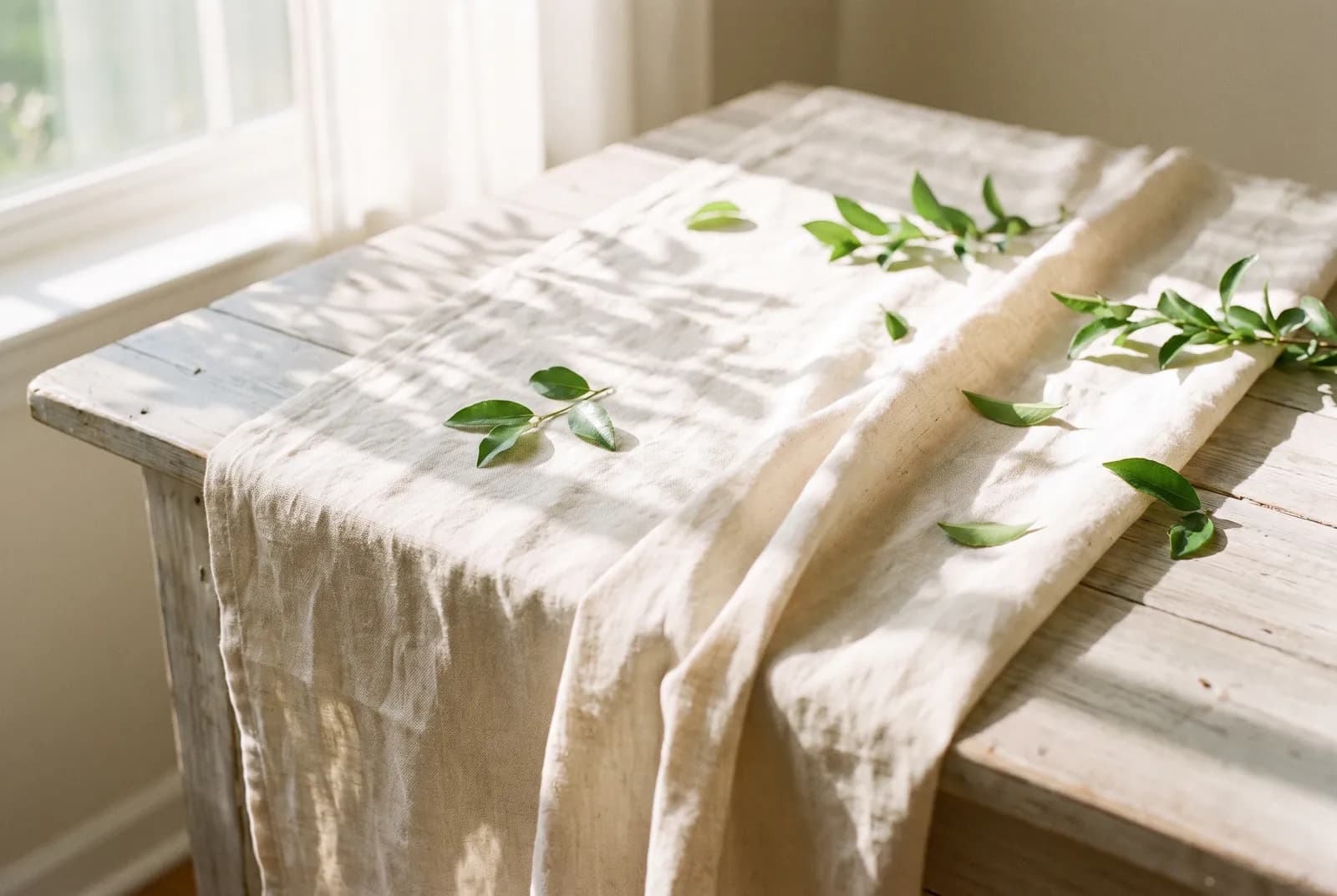 Morning light across ivory linen and leaves on a wooden table