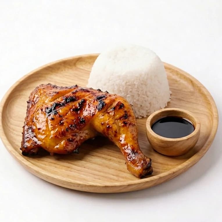 Chicken inasal paa with rice and dipping sauce on a wooden plate