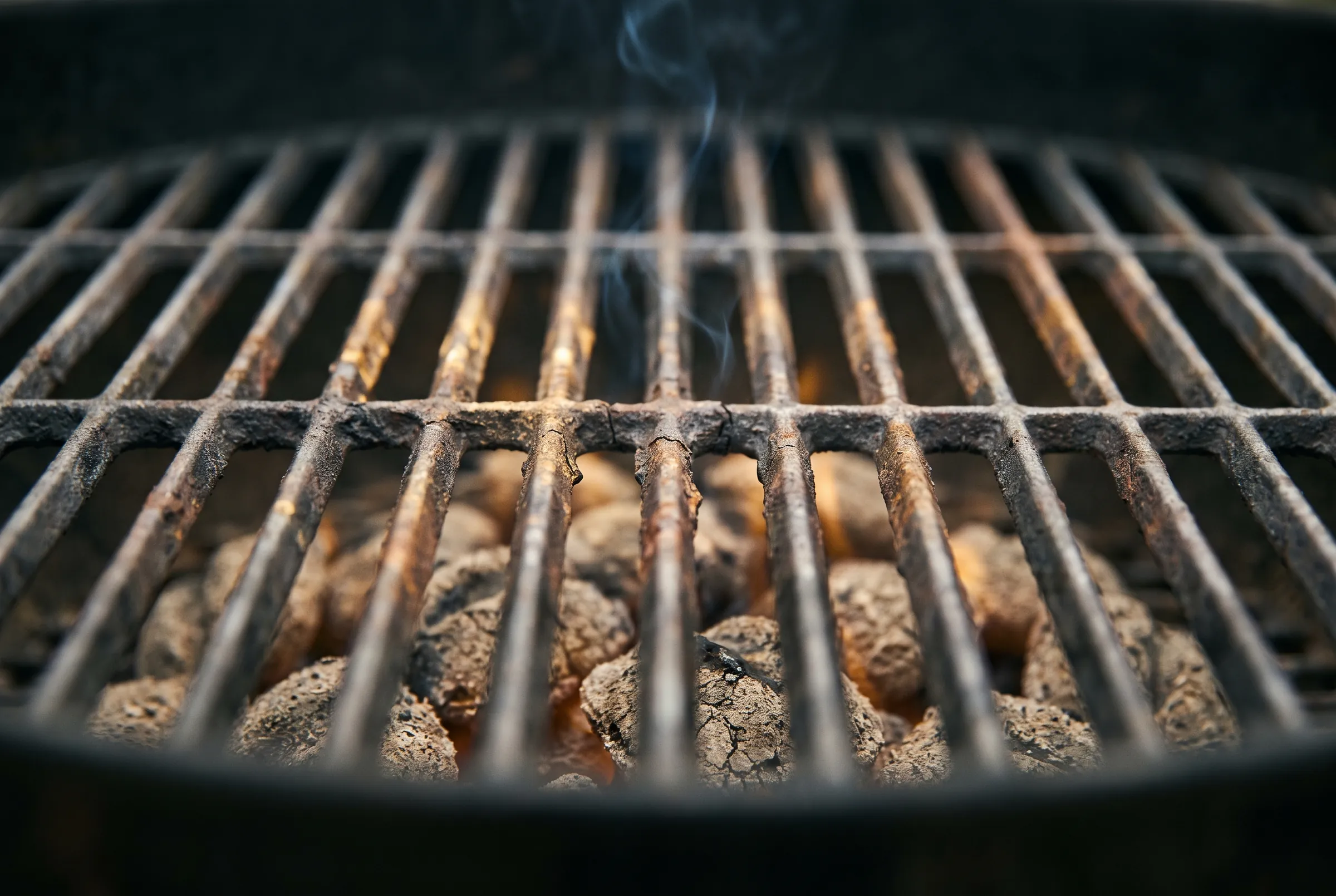 Empty grill grate over glowing charcoal